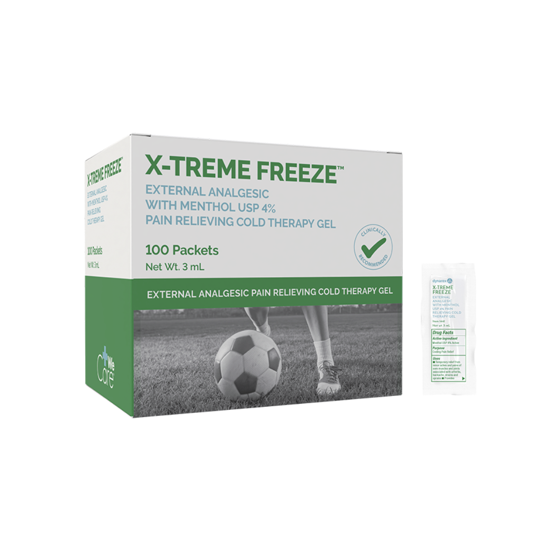 A soccer-themed box labeled Dynarex X-Treme Freeze Pain Relieving Cold Gel is shown with 100 fast-acting cooling packets, and a single gel packet is displayed beside the box.