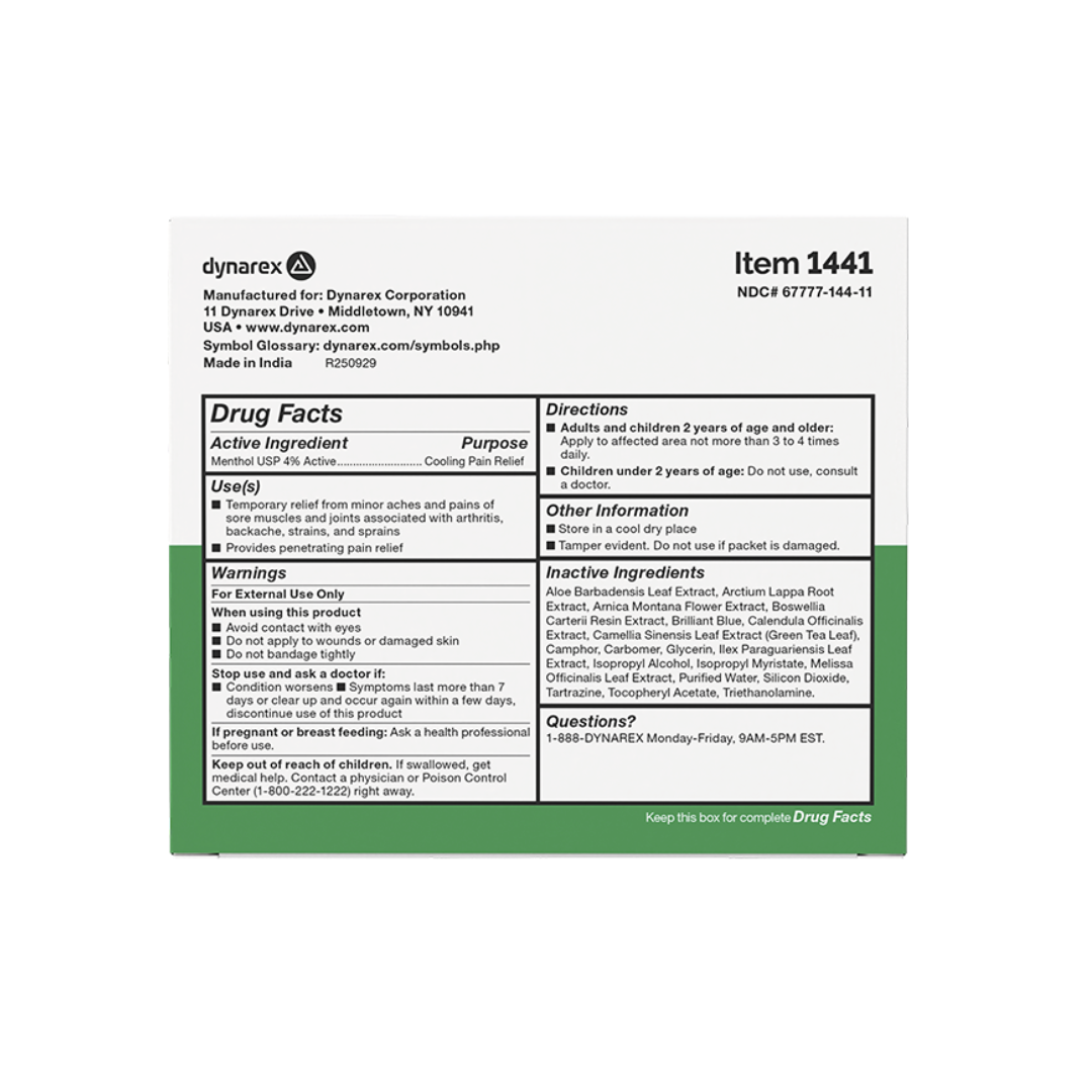 Back of a Dynarex X-Treme Freeze Pain Relieving Cold Gel box labeled Item 1441, showing drug facts, directions, warnings, and ingredients in black text on a white background with green and gray sections for fast-acting cooling relief.