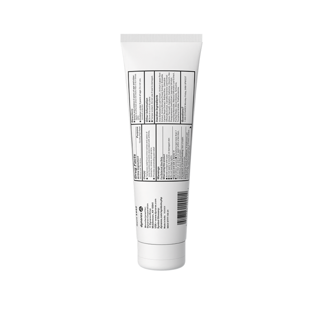 A white tube with a flip-top cap, seen from the back. Labeled sections show black text for Dynarex X-Treme Freeze Pain Relieving Cold Gel, including ingredients, directions, and barcode on a plain white background.