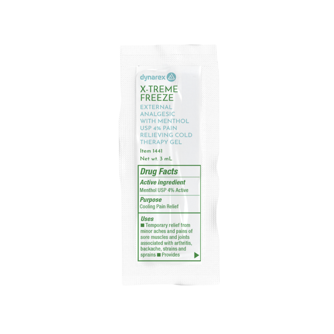 A white packet labeled Dynarex X-Treme Freeze Pain Relieving Cold Gel contains menthol cooling gel for external pain relief. The packet features drug facts, active ingredient, usage, and instructions in green and black text.