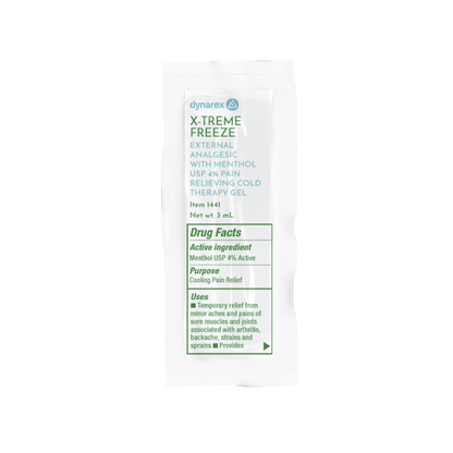 A white packet labeled Dynarex X-Treme Freeze Pain Relieving Cold Gel contains menthol cooling gel for external pain relief. The packet features drug facts, active ingredient, usage, and instructions in green and black text.