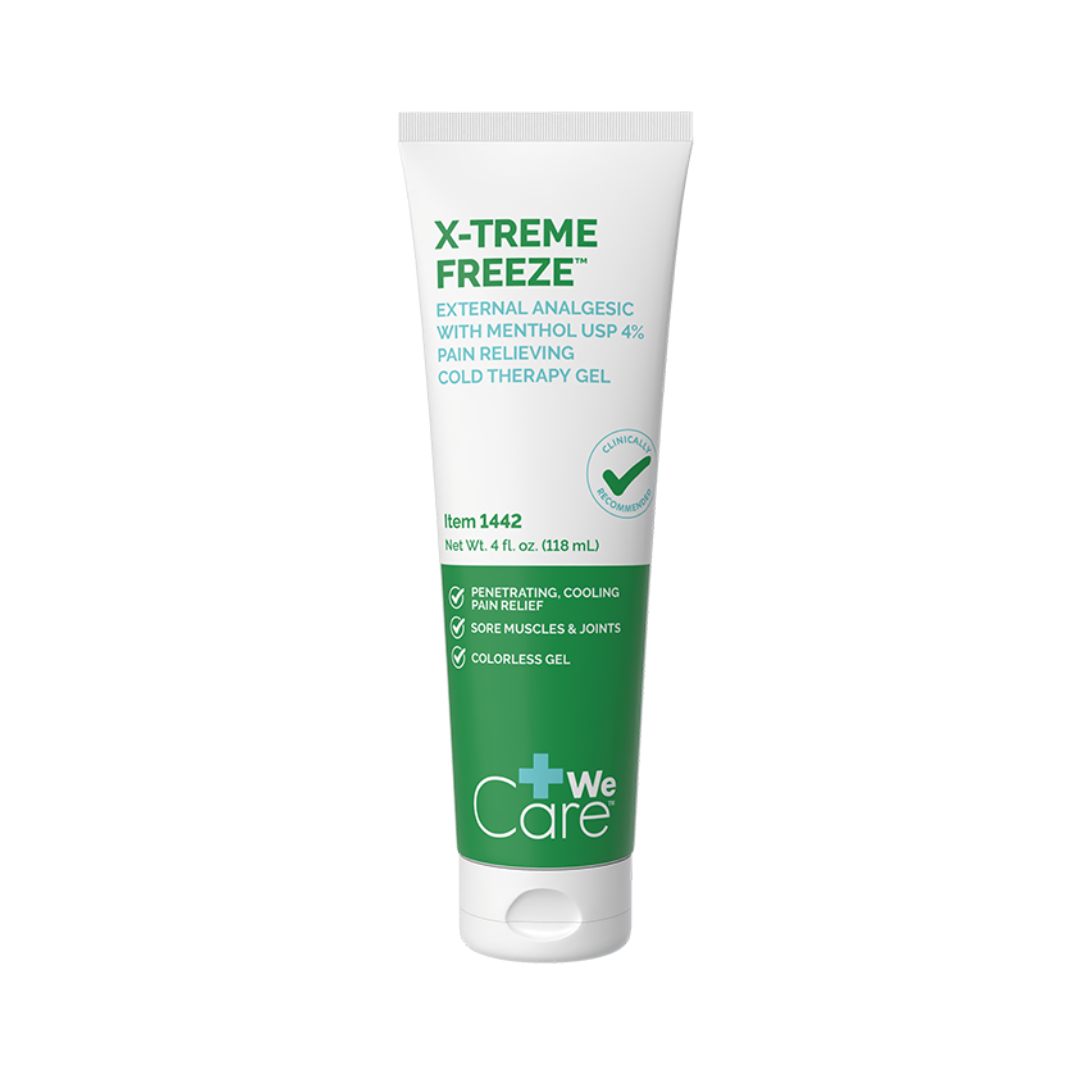 A white 4 fl oz (118 mL) tube labeled Dynarex X-Treme Freeze Pain Relieving Cold Gel with Menthol USP 4%. This fast-acting gel provides cooling pain relief for sore muscles.