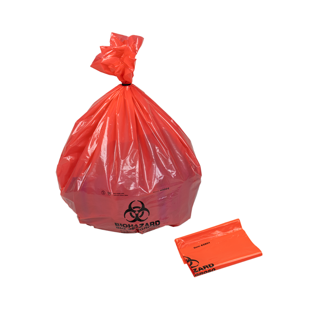 A tied red plastic Dynarex Biohazard Waste Bag with a folded stack beside it. Both ensure secure containment and feature the biohazard symbol and warning text.