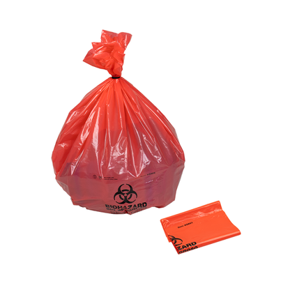A tied red plastic Dynarex Biohazard Waste Bag with a folded stack beside it. Both ensure secure containment and feature the biohazard symbol and warning text.