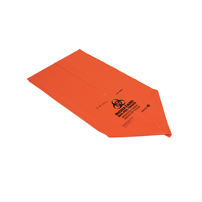 A flat, orange Dynarex Biohazard Waste Bag features a black biohazard symbol and warning text, ensuring secure containment for Dispo Safety, displayed against a white background.