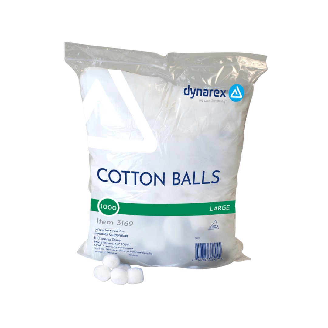 A clear plastic bag labeled Dynarex Cotton Balls contains 1000 large, 100% cotton balls. The green and blue packaging is visible, with several absorbent cotton puffs displayed in front of the bag.