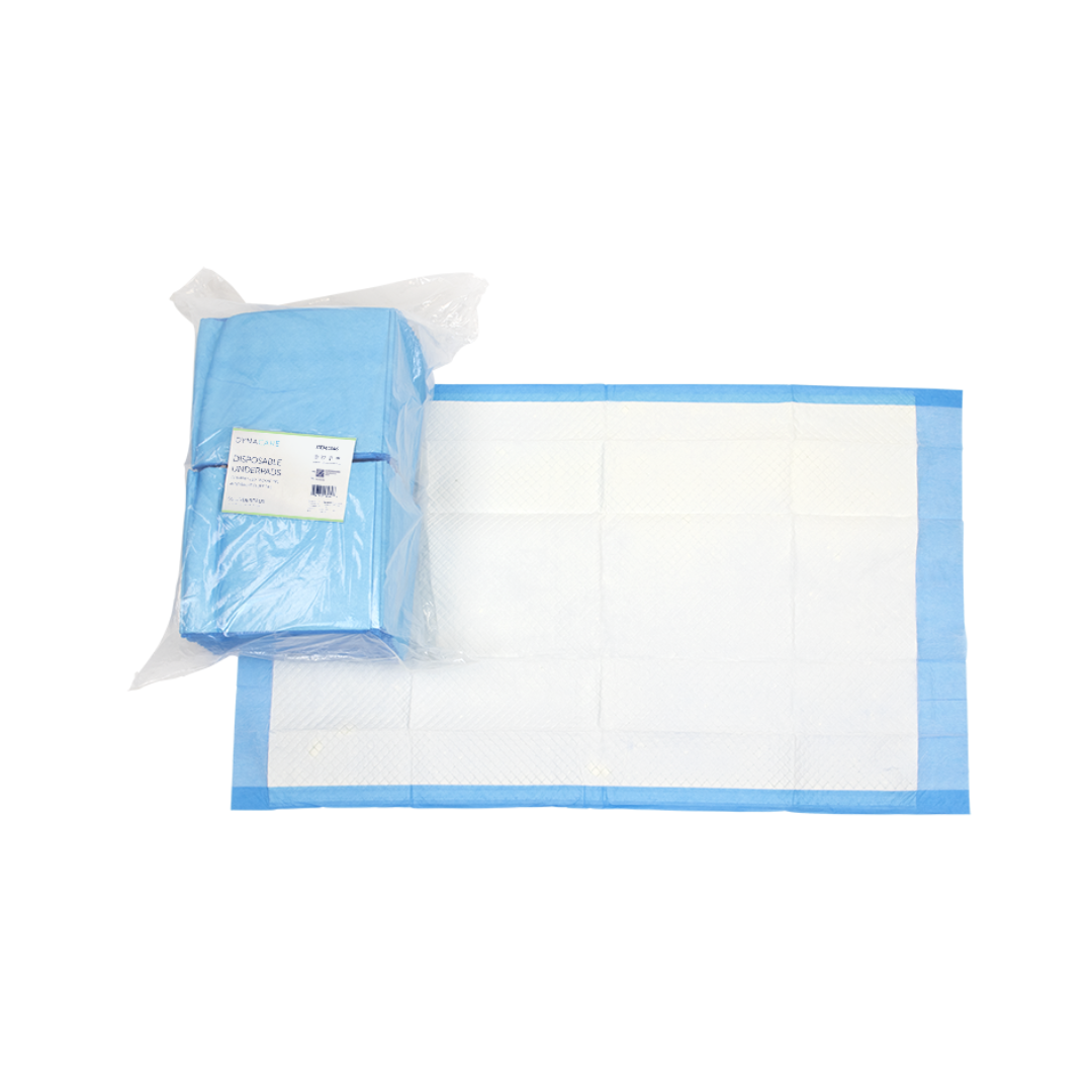 A package of Dynarex Disposable Underpads, with one unfolded pad beside it. The white underpad has a blue border and quilted texture for absorbency and premium protection.