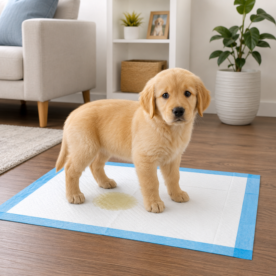 A golden retriever puppy stands on a Dynarex Disposable Underpad with a wet spot, looking up in a living room with wooden floors, a plant, and a sofa in the background.