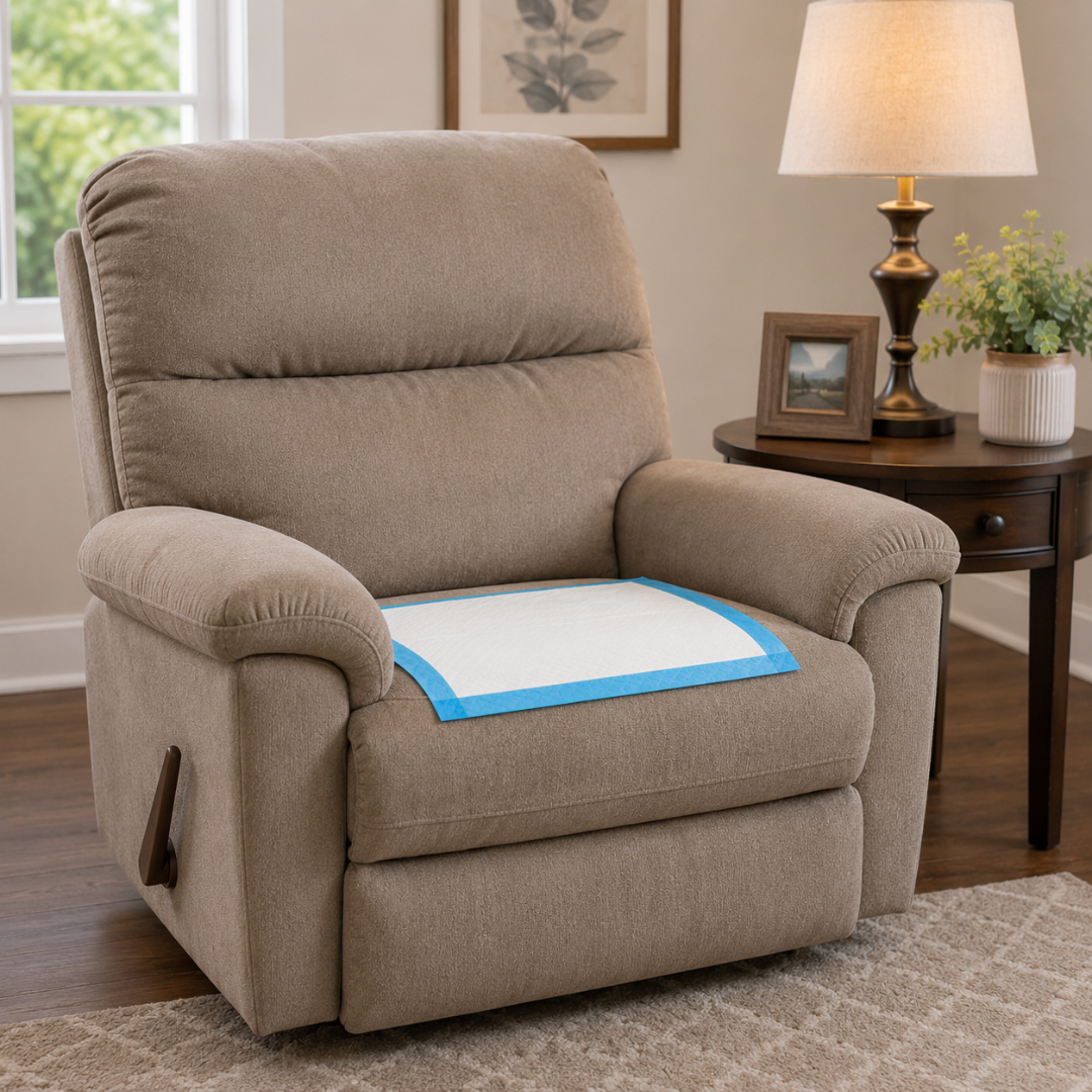 A beige recliner with Dynarex Disposable Underpads on the seat sits beside a round wooden side table holding a lamp, framed photo, and small plant in this cozy living room.