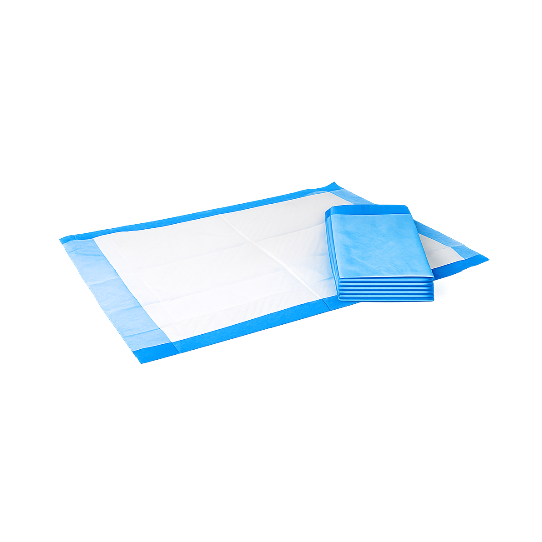 A stack of Dynarex Disposable Underpads, with one opened to show its white absorbent center and blue waterproof edges, provides reliable protection.
