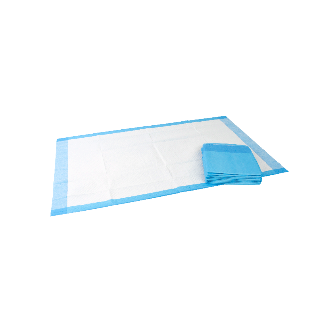 A Dynarex Disposable Underpad with a blue border is laid flat with a stack of folded premium-quality Dynarex underpads on top, all set against a white background.