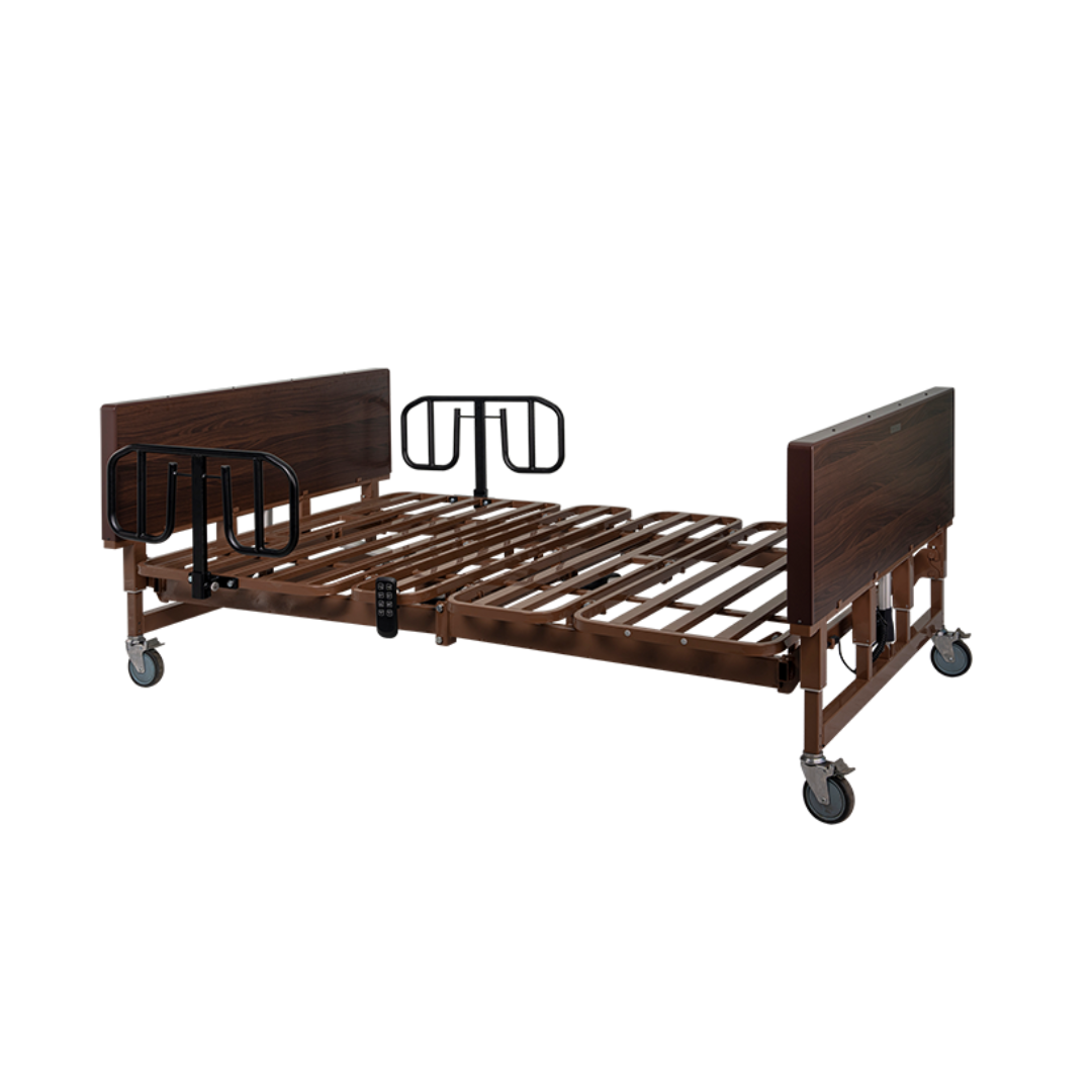 The Dynarex Bari+Max Bariatric HD Full-Electric Bed features a wooden headboard and footboard, metal side rails, wheels for mobility, and an adjustable metal base—ideal for bariatric homecare.