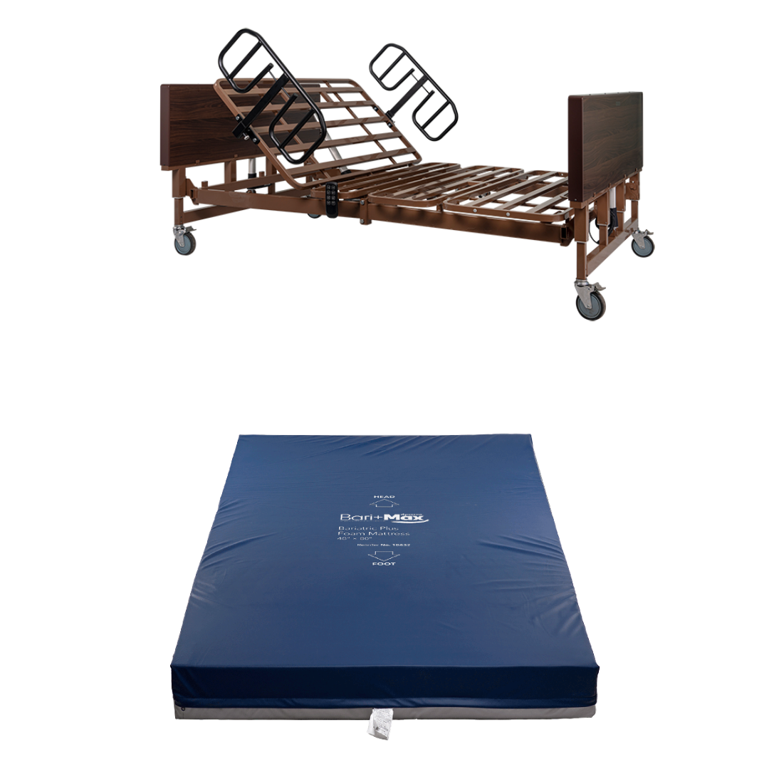 A Dynarex Bari+Max Bariatric HD Full-Electric Bed with side rails and wheels is displayed above a blue medical mattress, set against a white background.