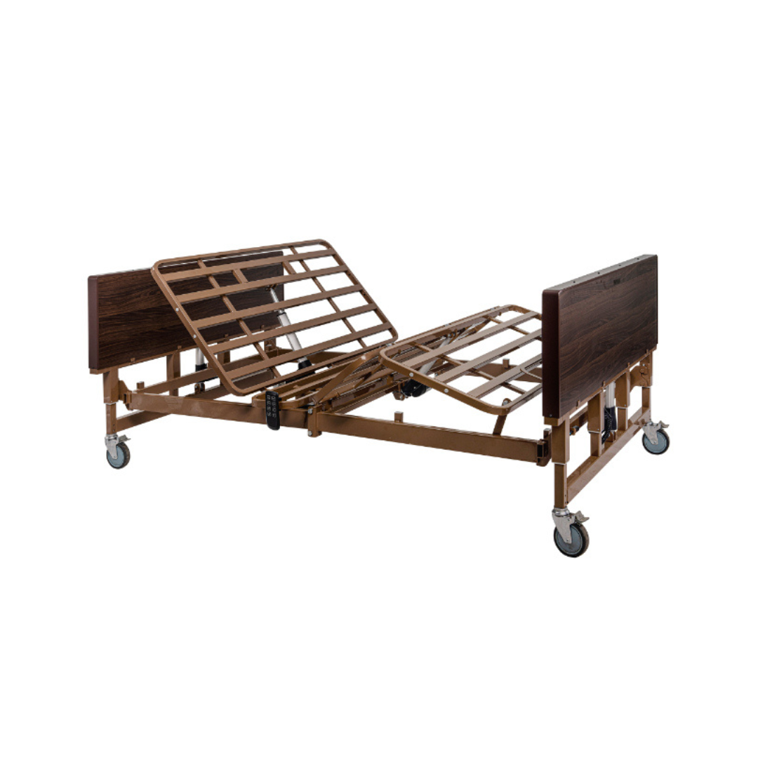 The Dynarex Bari+Max Bariatric HD Full-Electric Bed is brown, height-adjustable, features metal rails, head and foot boards, and wheels for mobility. Bed sections can be raised or lowered for patient comfort and care.