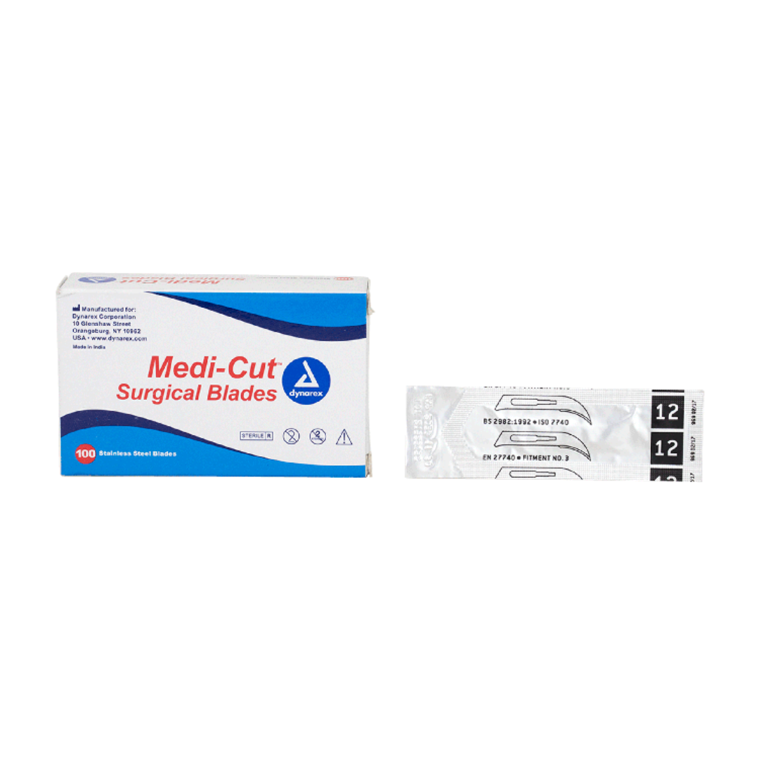 A box labeled Dynarex Medi-Cut Surgical Blades - Sterile with blue and red accents sits beside a single sterile blade in packaging marked with the number 12.