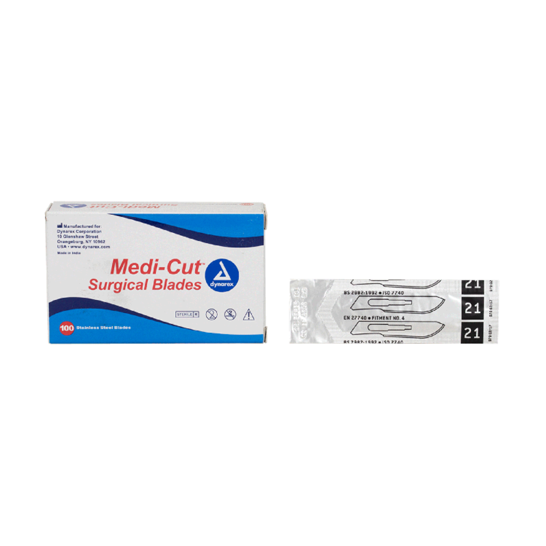 A box labeled Dynarex Medi-Cut Surgical Blades - Sterile is shown on the left, with two individually wrapped, premium-quality sterile blades (size 21) displayed to its right.
