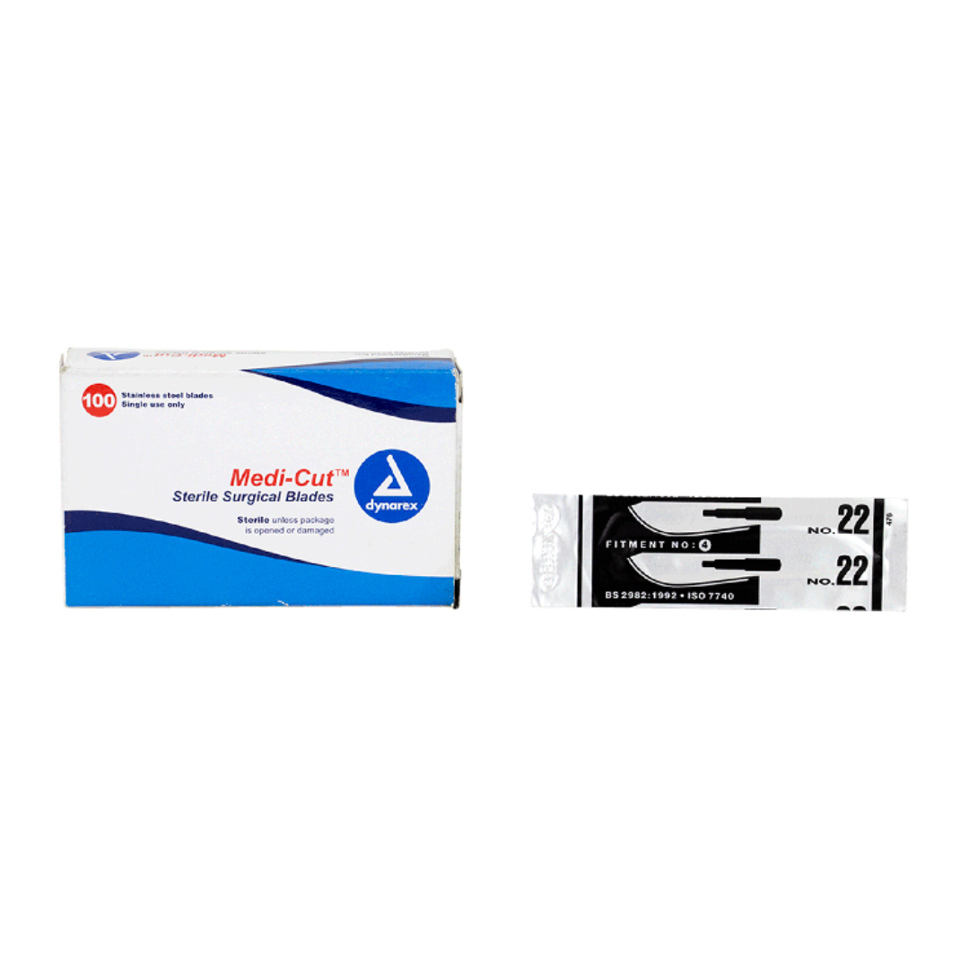 On the left is a box of Dynarex Medi-Cut Surgical Blades - Sterile (100 blades). On the right, a close-up shows a single wrapped blade with NO. 22 and product details visible.
