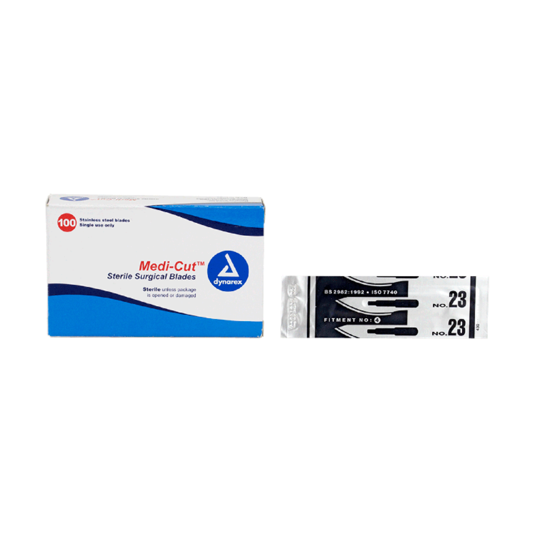 A box of Dynarex Medi-Cut Surgical Blades - Sterile, marked "100" and "No. 23," is displayed with one individually wrapped premium-quality blade placed beside it.