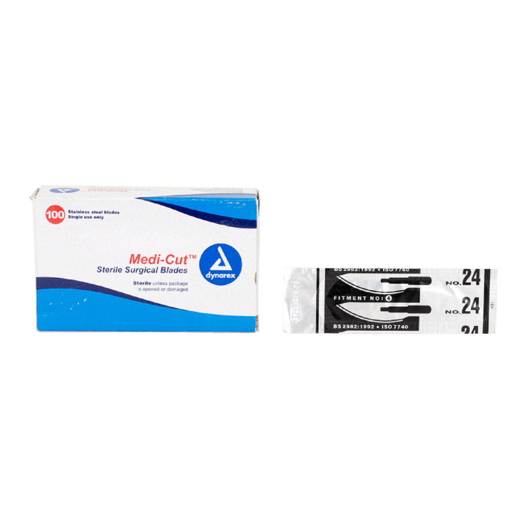A box of Dynarex Medi-Cut Surgical Blades - Sterile contains 100 premium-quality, individually wrapped No. 24 blades in a white box with blue and red accents, designed for precise surgical use.