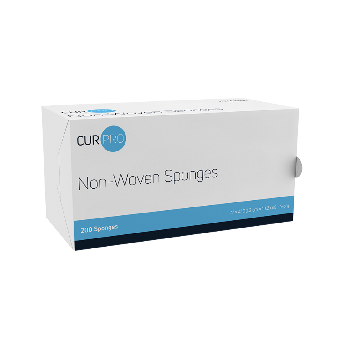 A white rectangular box with blue accents labeled Dynarex CurPro Non-Woven Sponges contains 200 highly absorbent 4 x 4 in. (10.2 cm x 10.2 cm) wound sponges.