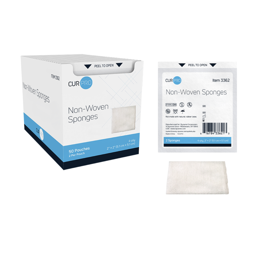 A box labeled Dynarex CurPro Non-Woven Sponges is shown, with a pouch displaying details and a folded sponge. Each box has 50 pouches, each containing two highly absorbent 2x2 inch wound sponges.