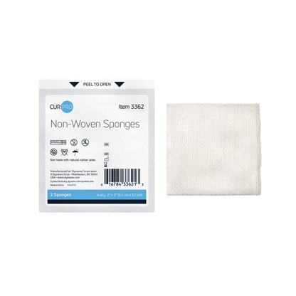 A package labeled Dynarex CurPro Non-Woven Sponges is shown next to an unfolded white sponge. The packaging states 2 premium-quality, 4-ply, 2 x 2 in sterile sponges that are latex-free for highly absorbent wound care.