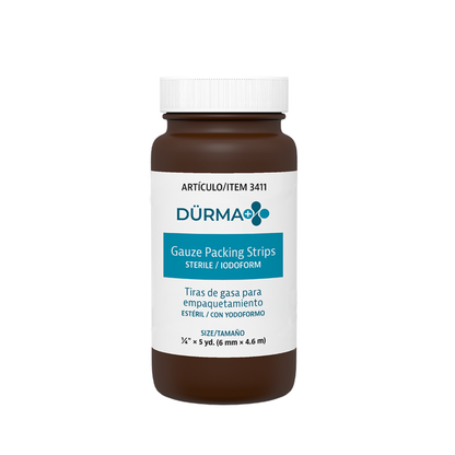 A brown plastic bottle labeled Dynarex Dürma+ Packing Strips, sterile wound packing gauze with English and Spanish product info, and a white screw cap on top for effective wound management.