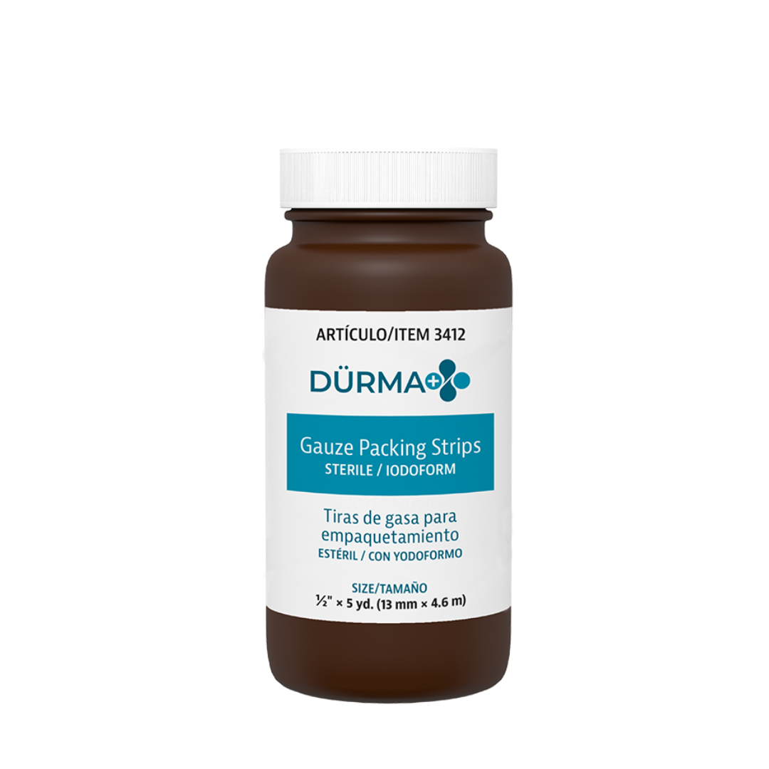 A brown plastic bottle labeled Dynarex Dürma+ Packing Strips, with English and Spanish text, white cap, and size 13 mm x 4.6 m, contains sterile gauze strips for wound management on a plain white background.