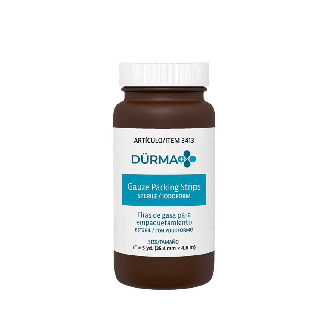 A brown plastic bottle labeled Dynarex Dürma+ Packing Strips contains sterile iodoform gauze for wound care, with product details in English and Spanish on a white label.