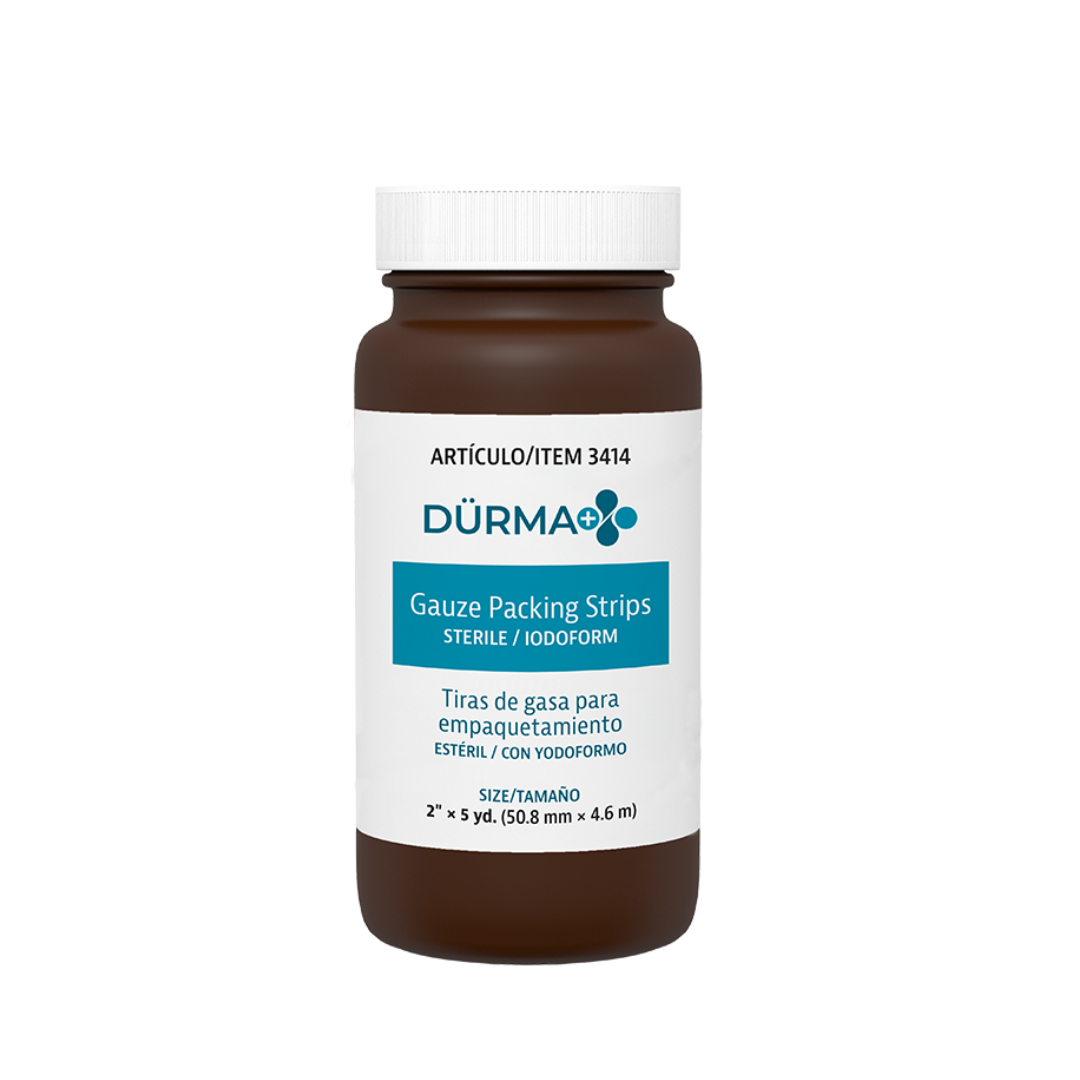 A brown plastic bottle labeled Dynarex Dürma+ Packing Strips with English and Spanish text, white cap, contains sterile wound packing gauze for effective wound management and care.