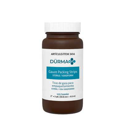 A brown plastic bottle labeled Dynarex Dürma+ Packing Strips with English and Spanish text, white cap, contains sterile wound packing gauze for effective wound management and care.