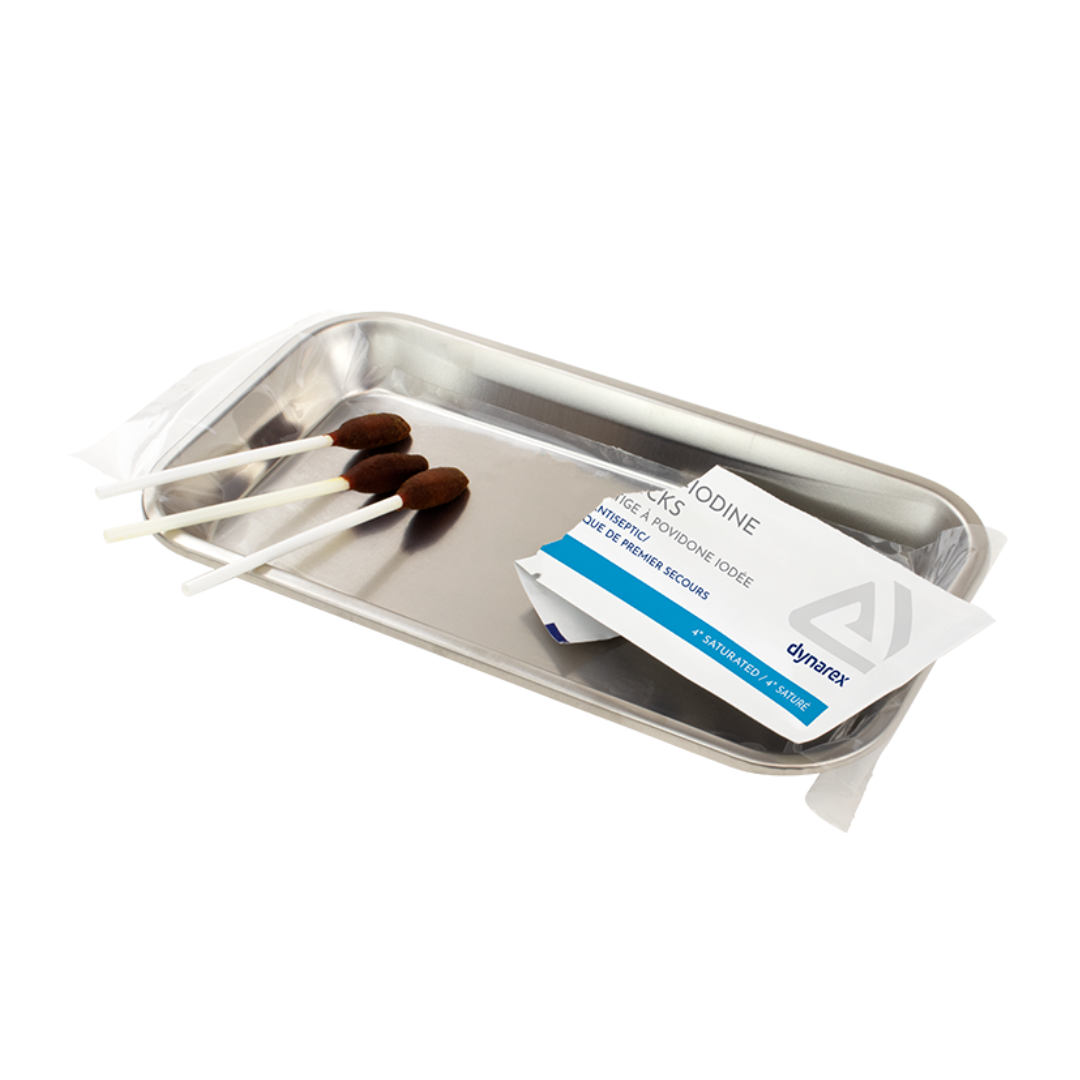 A stainless steel medical tray holds three antiseptic skin prep swabs and a sealed packet of Dynarex Povidone Iodine Swabsticks.