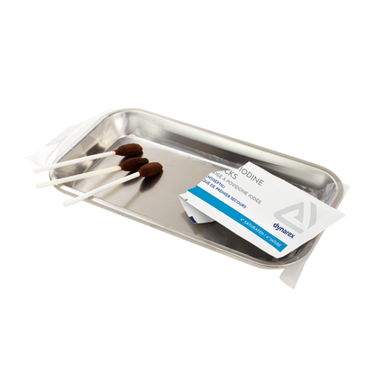 A stainless steel medical tray holds three antiseptic skin prep swabs and a sealed packet of Dynarex Povidone Iodine Swabsticks.