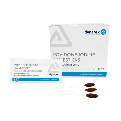 A box of Dynarex Povidone Iodine Swabsticks with a foil packet and three brown-tipped swabsticks in front. The white box has blue and grey accents, making it ideal for effective skin preparation.