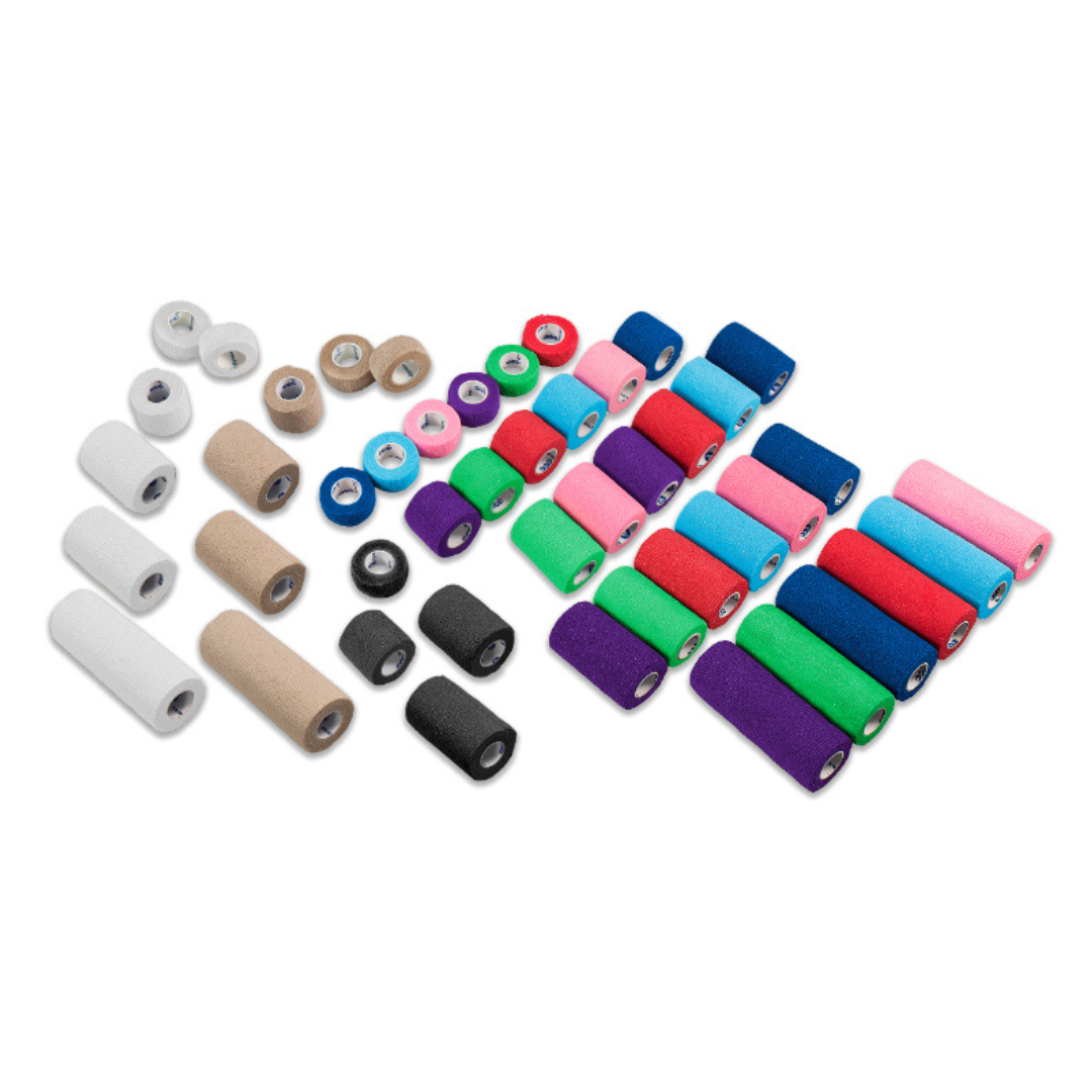 Dynarex Sensi Wrap Self-Adherent Latex Bandages in assorted colors—white, brown, black, green, blue, pink, and purple—are neatly arranged on a white background with various sizes displayed.