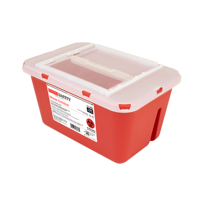 The Dynarex Sharps Containers are rectangular and red with a clear plastic lid and labeled side, designed for secure medical waste disposal of needles and other sharp objects.