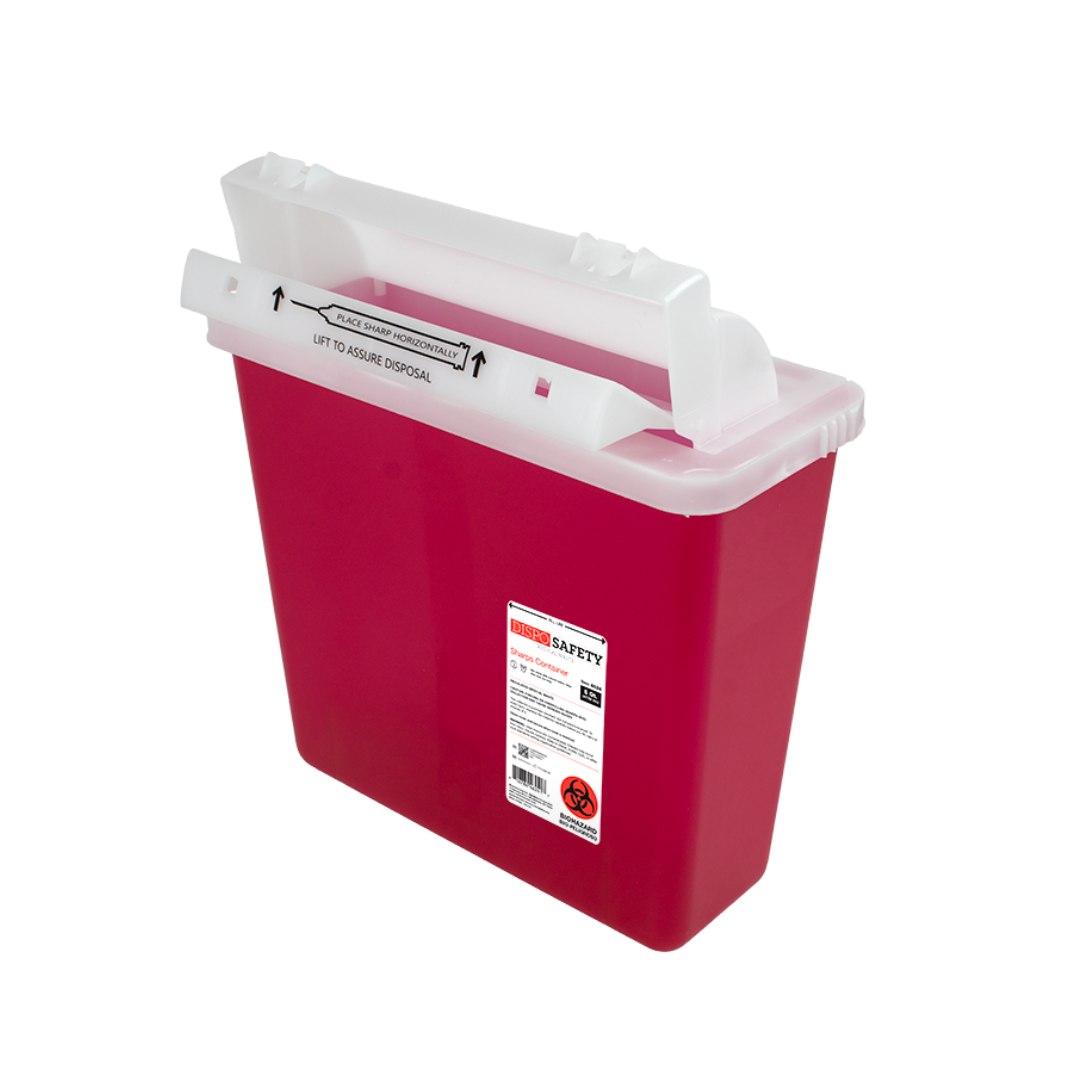 The Dynarex Sharps Containers are red, rectangular containers with a white lid and handle, clearly labeled with a biohazard symbol, designed for the safe disposal of needles and sharp medical instruments.