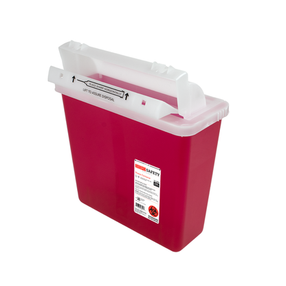 The Dynarex Sharps Containers are red, rectangular containers with a white lid and handle, clearly labeled with a biohazard symbol, designed for the safe disposal of needles and sharp medical instruments.