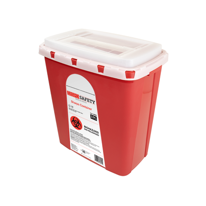 The Dynarex Sharps Containers are red plastic units with white secure lids for safe sharps disposal, featuring a clear biohazard warning label on the front for added safety.