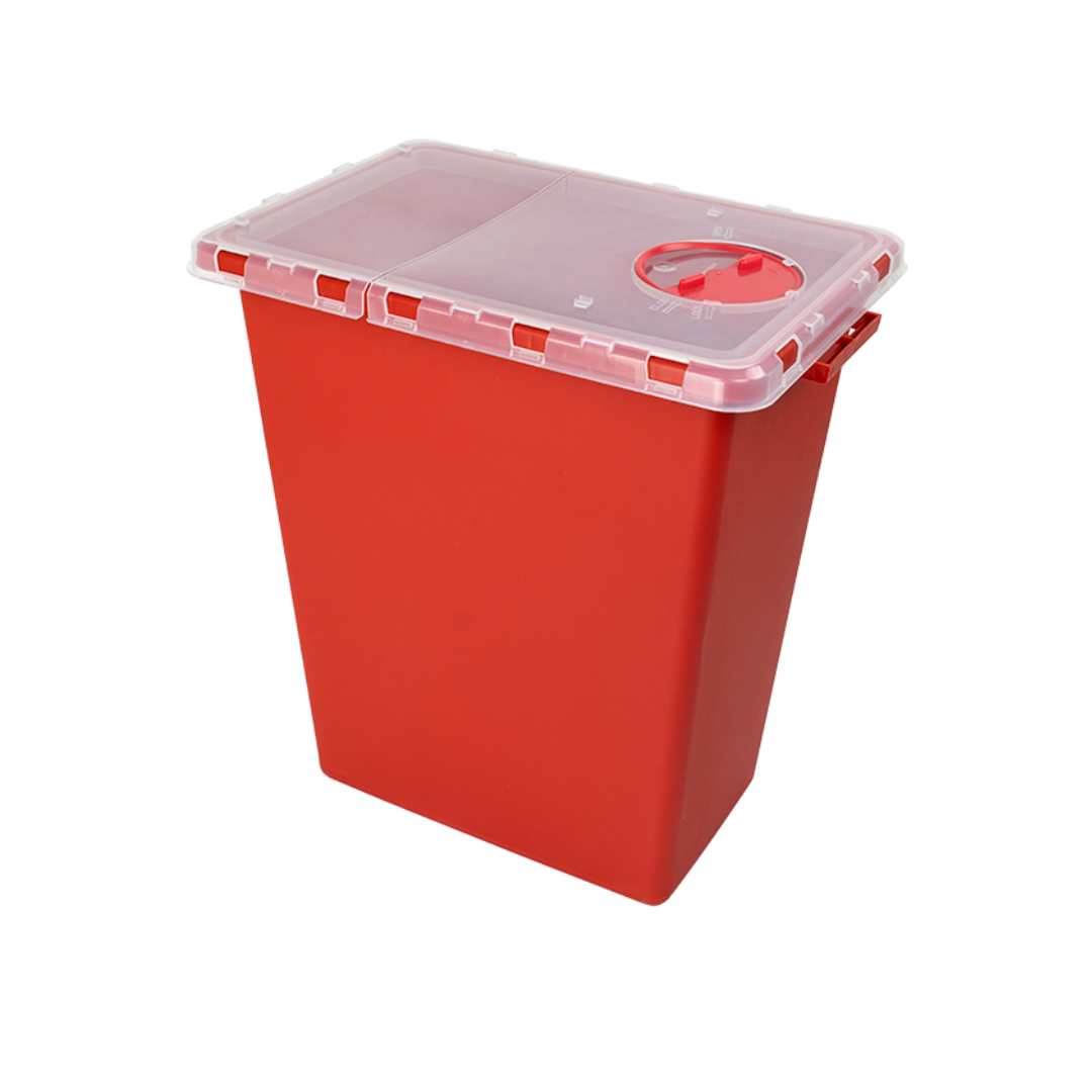 The Dynarex Sharps Container is a red rectangular plastic medical waste bin with a transparent lid and round red twist cap, designed for safe disposal of sharps.