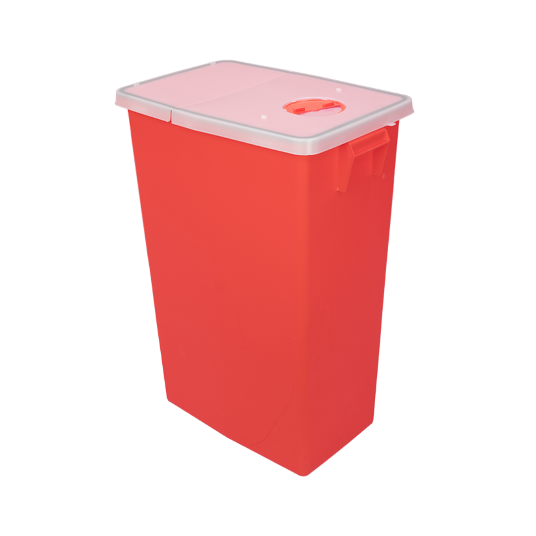 The Dynarex Sharps Container is a large red plastic container with a white lid and side handle, designed for safe sharps disposal, shown against a plain white background.
