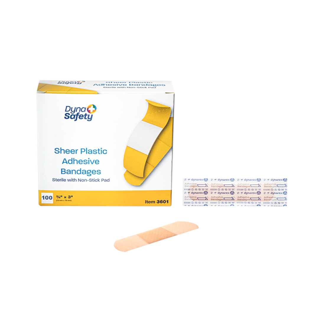 A box of Dynarex Sheer Plastic Adhesive Bandages - Sterile (item 3601, 100 count) is shown, with one bandage in front and a strip of smaller bandages displayed. The packaging highlights their non-stick pads.