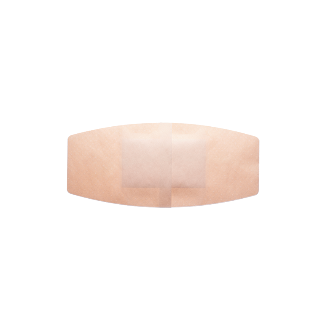 A single Dynarex Sheer Plastic Adhesive Bandage - Sterile, featuring a central rectangular pad, is displayed on a white background.