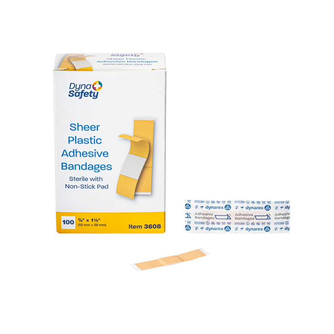 A box of Dynarex Sheer Plastic Adhesive Bandages - Sterile is shown, with one bandage and its wrapper beside it. The box contains 100 sterile, non-stick pad adhesive bandages, item 3608, size ¾ x 3.