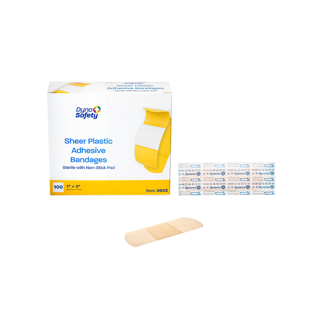A box of Dynarex Sheer Plastic Adhesive Bandages - Sterile, shown with one wrapped and one unwrapped bandage in front. Each box contains 100 sterile adhesive bandages with non-stick pads for gentle protection.