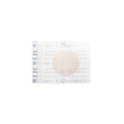A sterile Dynarex Sheer Plastic Adhesive Bandage in unopened white packaging, featuring a visible circular pad and blue Dynarex branding along the left edge.