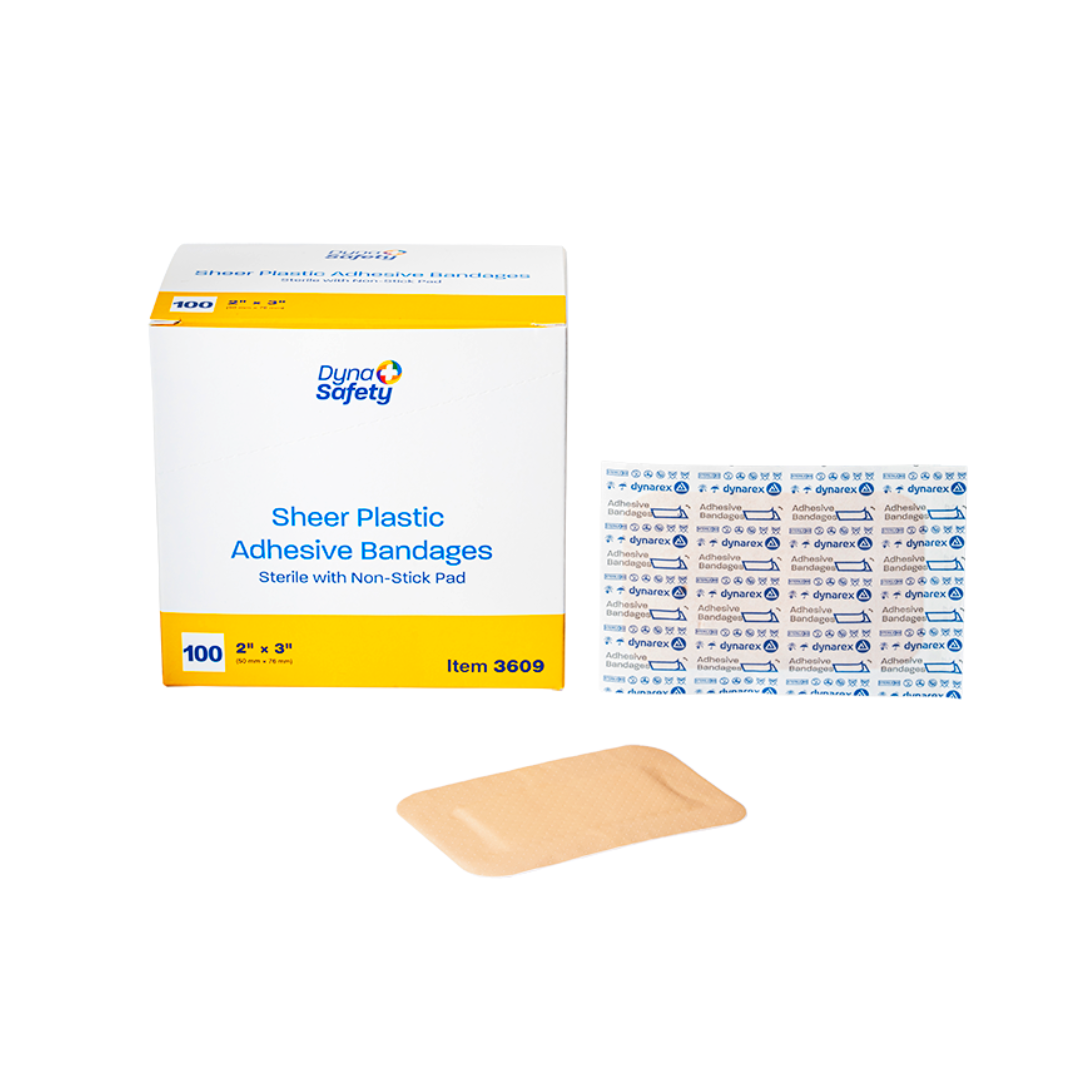 A box of Dynarex Sheer Plastic Adhesive Bandages - Sterile, an unused sheet, and a single bandage are shown against a white background. The box states it contains 100 sterile adhesive bandages.