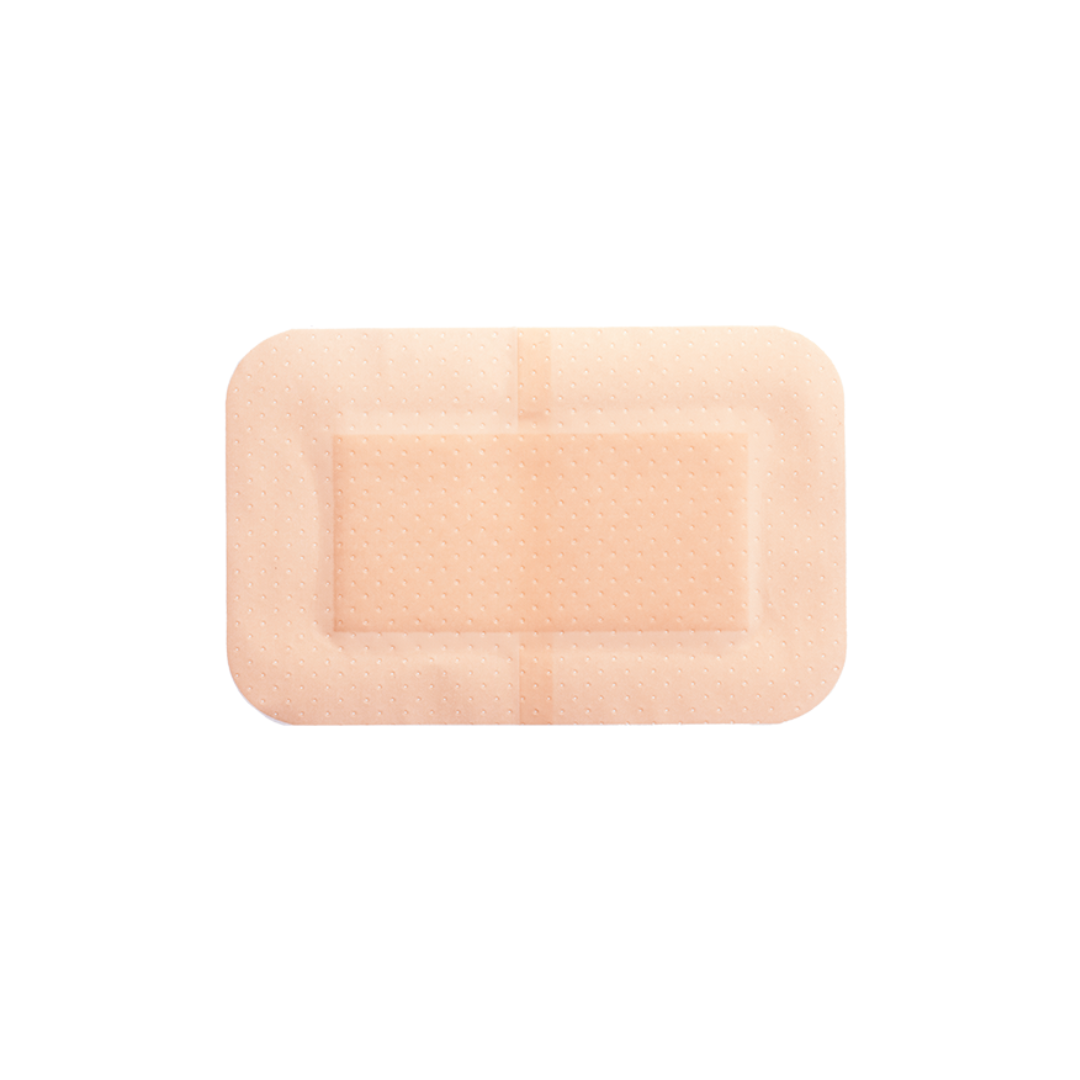 A rectangular, flesh-toned Dynarex Sheer Plastic Adhesive Bandage - Sterile, with rounded corners, a padded center, and perforated adhesive border is shown on a white background.