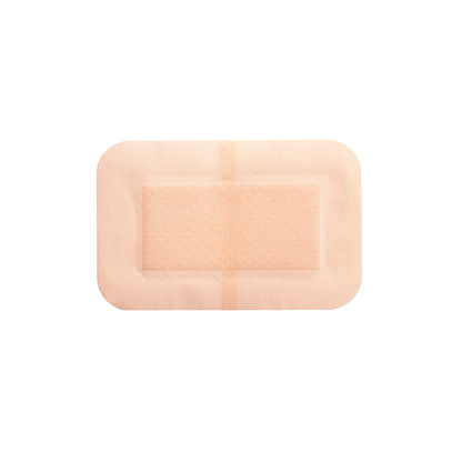 A rectangular, flesh-toned Dynarex Sheer Plastic Adhesive Bandage - Sterile, with rounded corners, a padded center, and perforated adhesive border is shown on a white background.