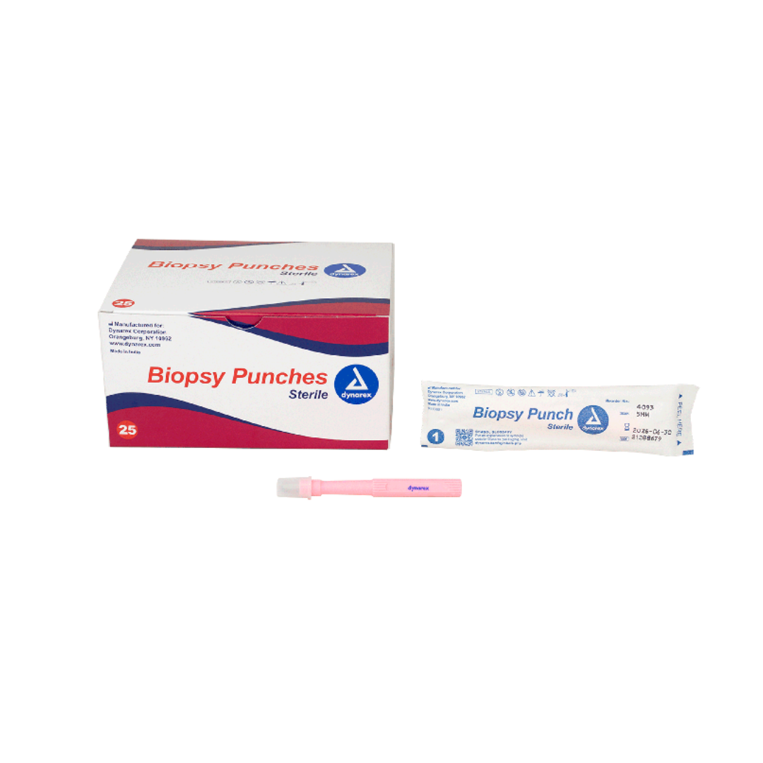 A box of Dynarex Sterile Biopsy Punches, a sealed biopsy punch package, and a pink biopsy punch tool are displayed on a white background.